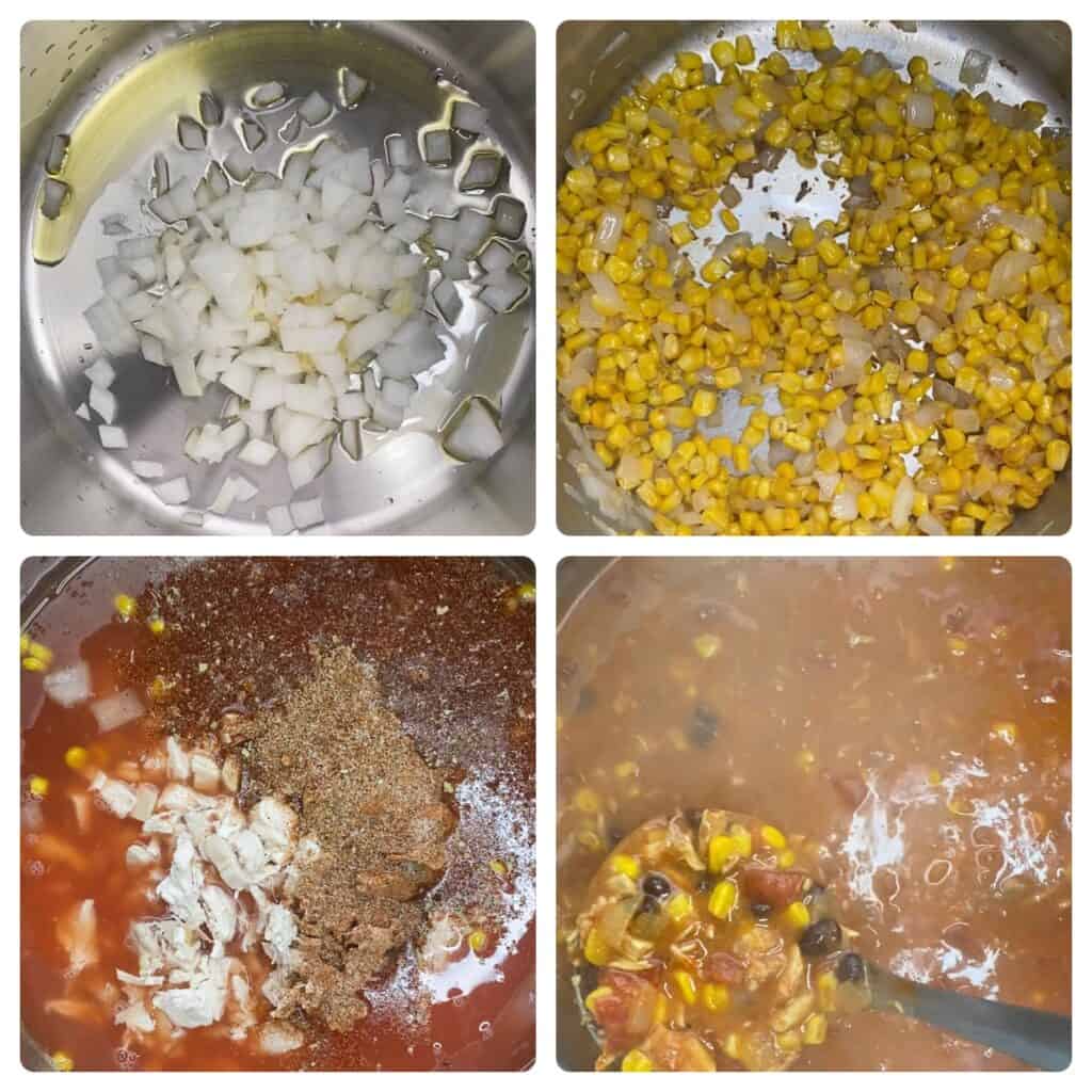 collage of 4 photos making the soup. Upper left: onions in the pot.
Upper right: the corn added to the pot.
Lower left: the soup with the chicken and spices.
Lover right: a ladle scooping the soup.