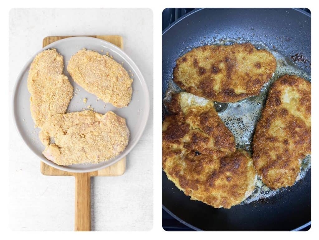 side by side photos. Left photo is the breaded chicken before cooking. Right is the chicken sautéing in the non-stick pan.