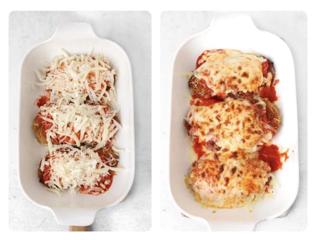 side by side photos. Left photo is the cooked chicken topped with the shredded cheese. Right is the chicken after broiling showing the browned cheese.