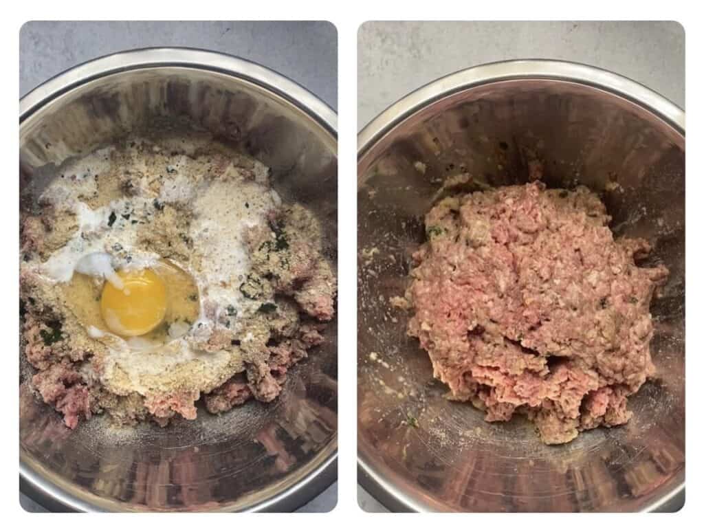 side by side photos. Left shows the meatball ingredients in a bowl with the egg on top. Right shows the meatball mixture after mixing everything together.