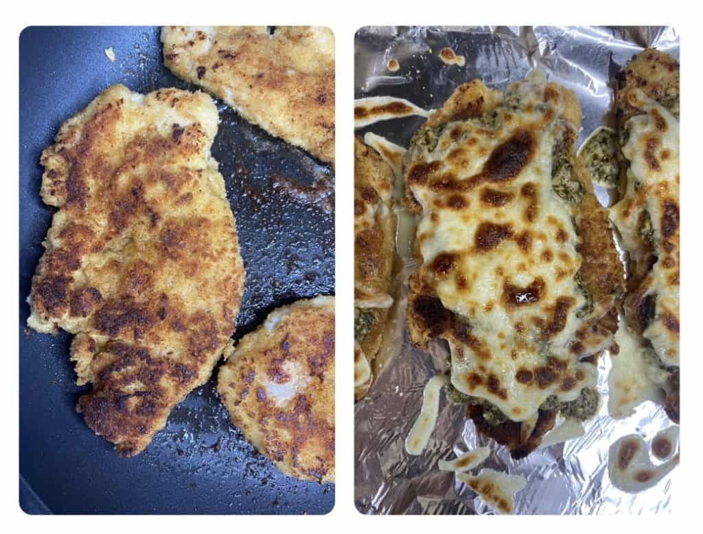 collage of two photos. Left shows the breaded chicken in the pan. Right photo is the baked pesto chicken parm on tin foil.