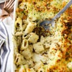 overhead shot of pesto pasta bake