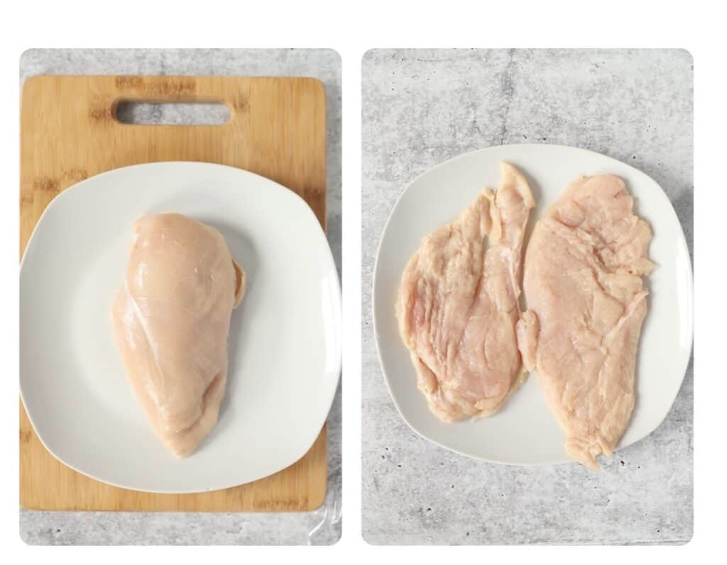 two photos side by side. Left shows the whole chicken breast on a white plate. Right shows the butterflied and tenderized pieces on a white plate.