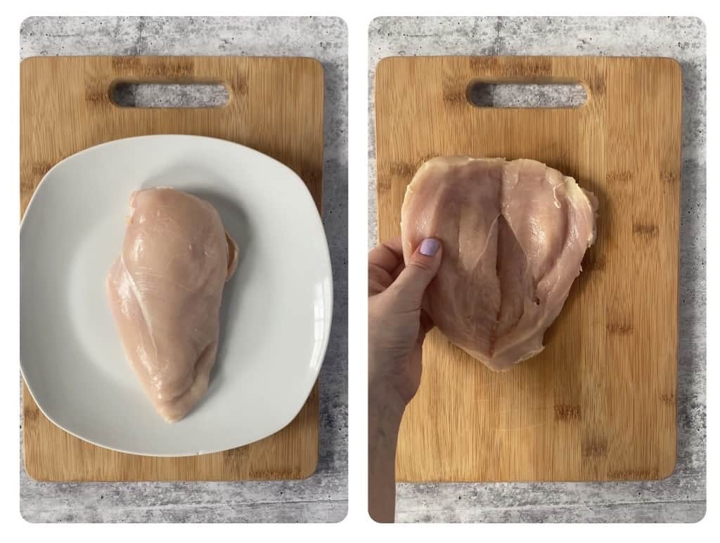 side by side photos. Left shows the chicken breast on a white plate. Right photo shows a hand opening the sliced chicken on a wood cutting board.