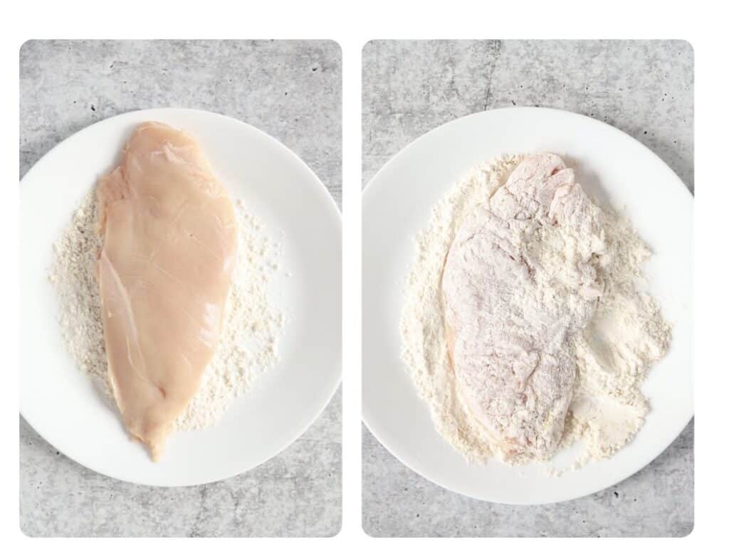 two photos side by side. Left shows the chicken on top of the flour. Left shows the fully dredged in flour piece of chicken.