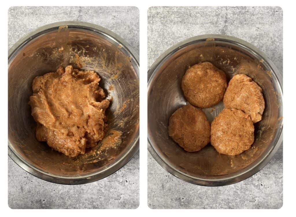 side by side images. Left shows the mixed ground chicken. Right shows the formed 3 chicken burger patties.