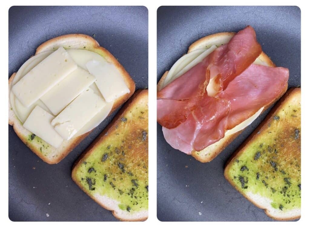 side by side photos assembling the grilled cheese. Left shows topped with the provolone and Asiago. Right shows now topped with the prosciutto. 