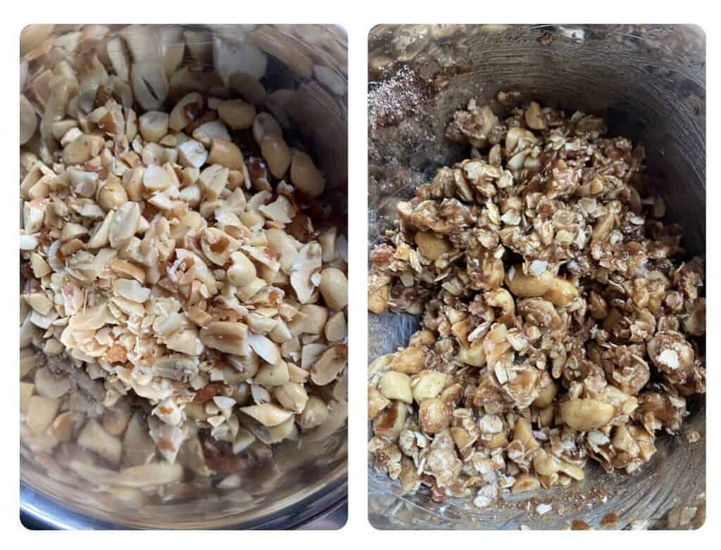 side by side photos. Left shows chopped peanuts in a silver bowl. Right shows the peanut streusel mixed in the silver bow.