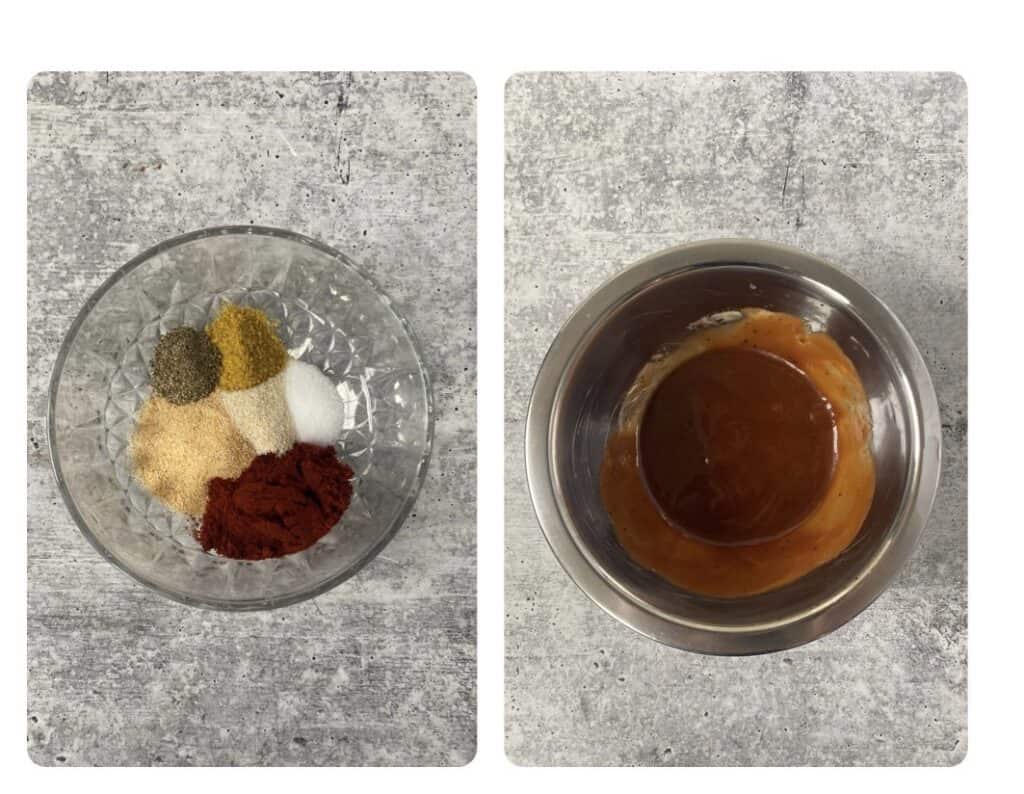 side by side images. Left shows the spices in a glass bowl. Right shows the BBQ sauce mixture in a silver bowl.
