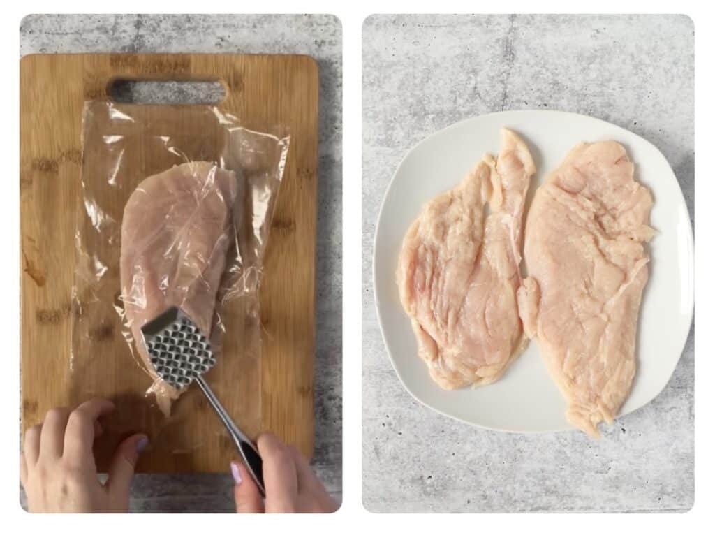 side by side photos. Left shows a meat tenderizer pounding the chicken. Right shows the finishing chicken on a round white plate.