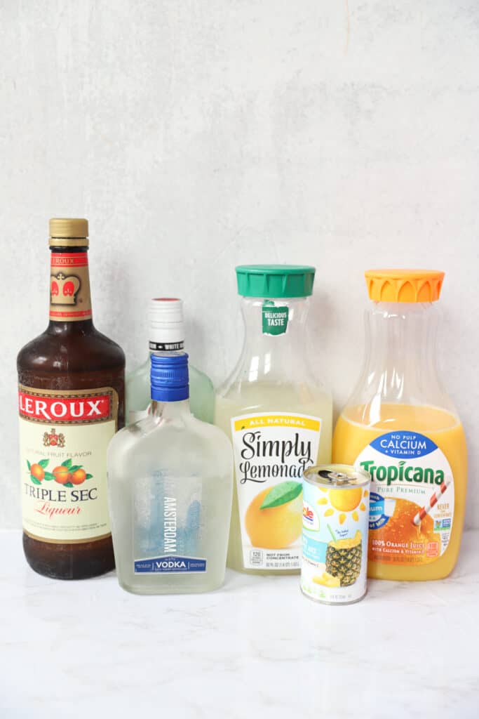 ingredient bottles: triple sec, rum, vodka, lemonade, OJ, pineapple juice.