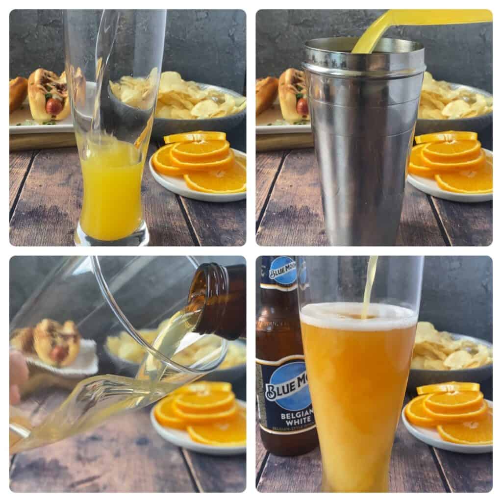 collage of 4 photos making the drink: upper left pour juices into glass. Upper right pouring juices into shaker. Lower left pouring beer into glass. Lower right pouring shaken juice into beer-filled glass.