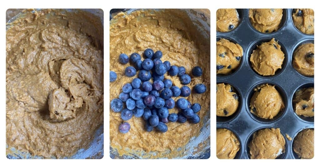 collage of 3 photos. Left shows the muffin batter in a bowl. Center shows the battered topped with the blueberries. Right shows the muffin tin filled with the batter.