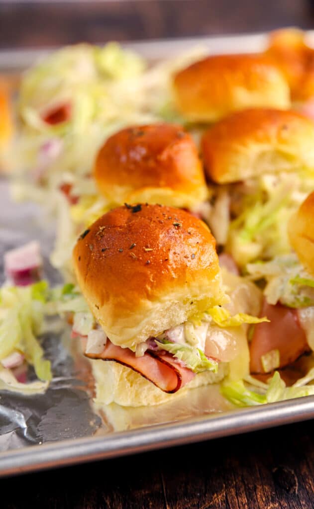 the assembled sub sliders on the foil lined baking sheet.