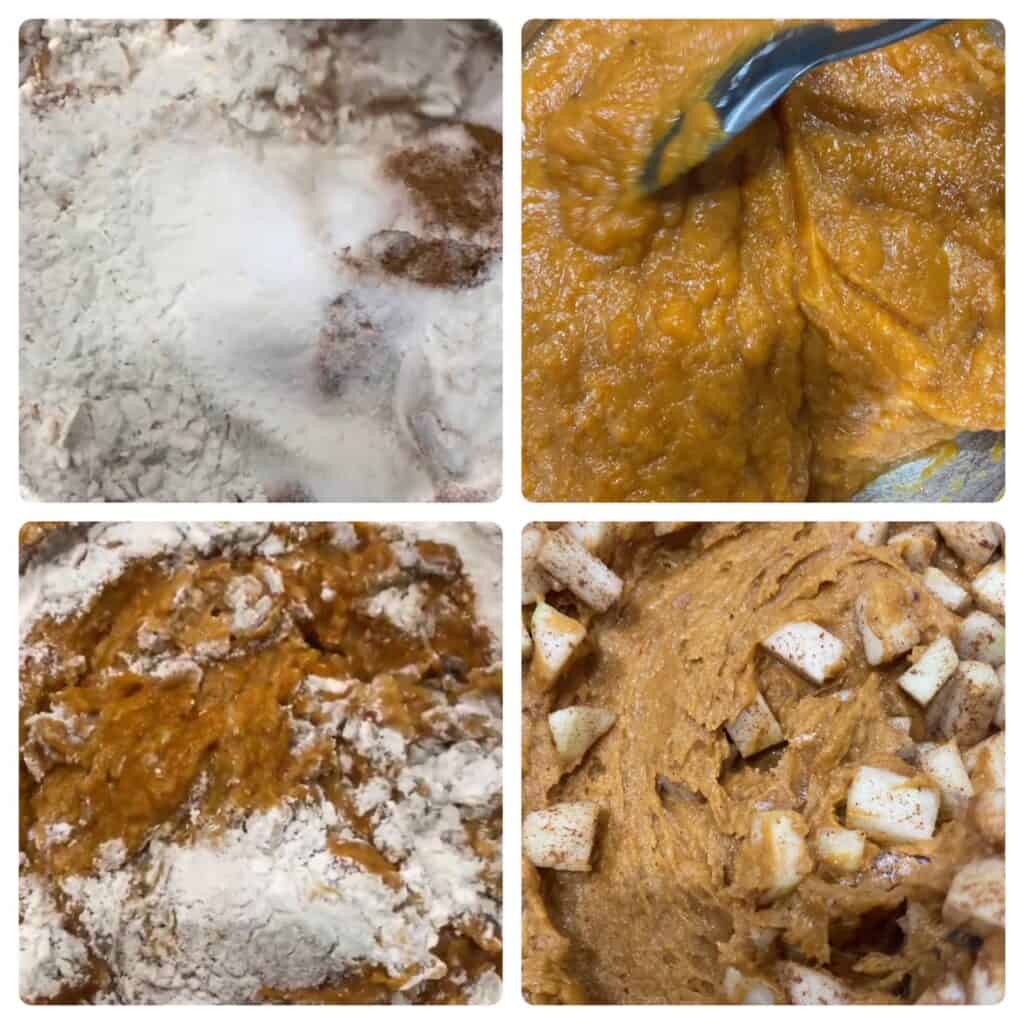 collage of 4 photos. Upper left is the dry ingredients. Upper right is mixing the wet ingredients. Lower left is combine the dry and wet ingredients. Lower right is mixing in the apples.