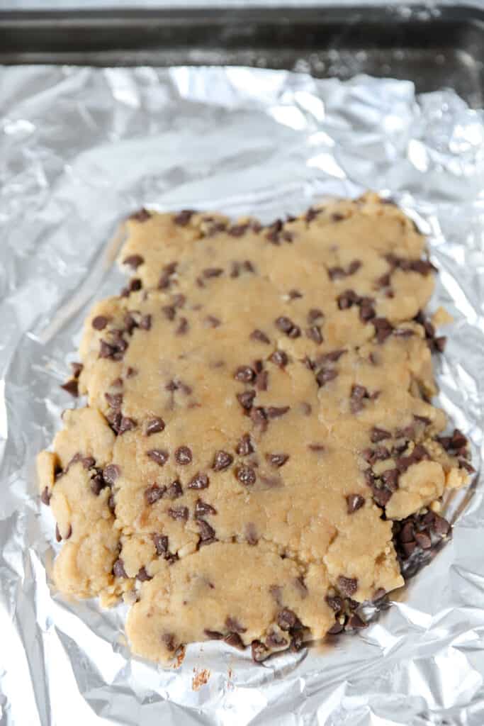 the cookie dough in a large rectangle on a foil lined sheet.