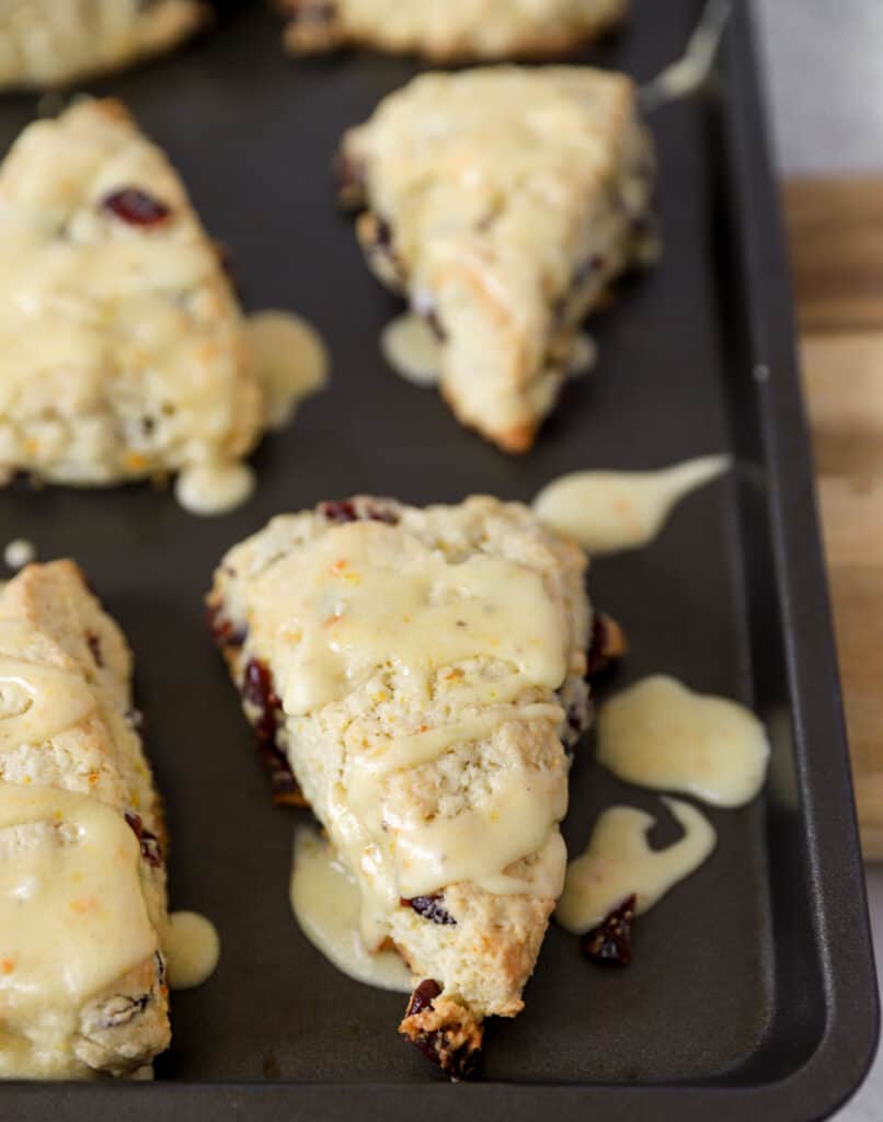 the glazed scones on the baking sheet.