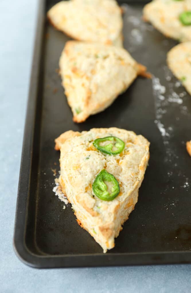 jalapeño Cheddar scones on the baking sheet.