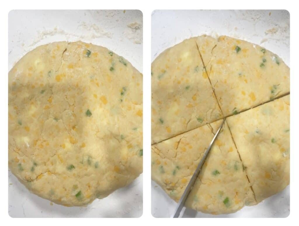 side by side photos making the scones. Left shows the whole dough in a circle. Right photo shows a knife cutting the individual scones from the dough.