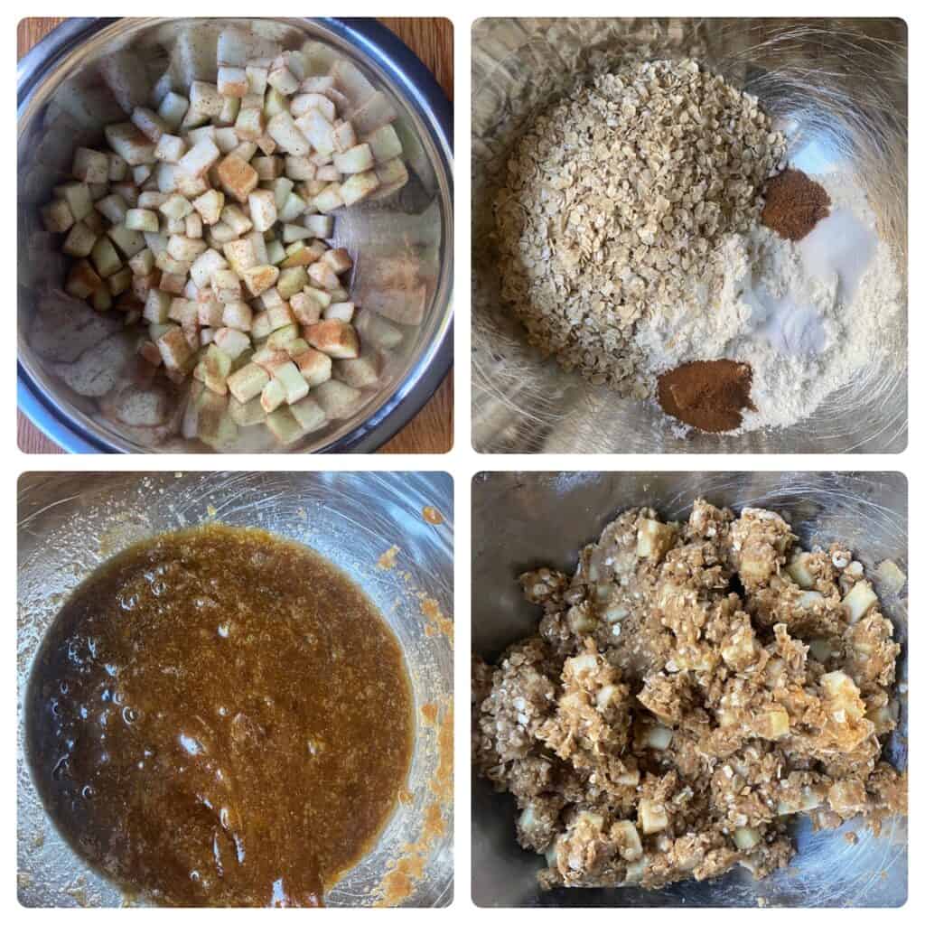 collage of four photos. 
Upper left: the diced apples in a bowl.
Upper right: the dry ingredients in a bowl.
Lower left: the wet ingredients mixed in the bowl.
Lower right: the cookie dough in the stainless steel bowl.
