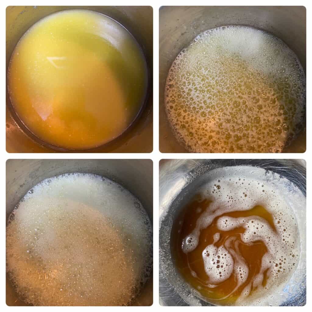 collage of 4 photos making the brown butter.
Upper left: melted butter in the pot.
Upper right: the butter starting to bubble.
Lower left: very bubbly butter.
Lower right: finished brown butter in a bowl.