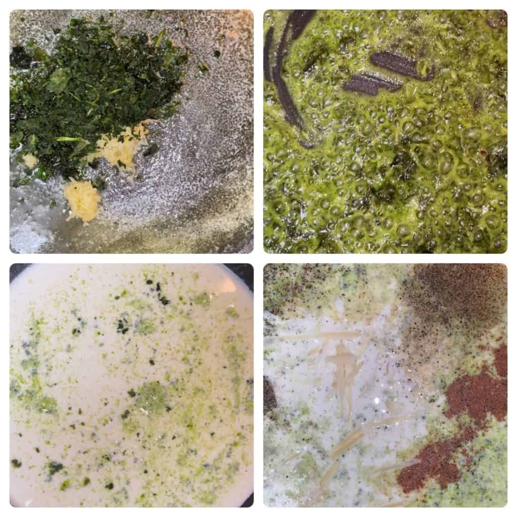 collage of 4 photos making the suace.
Upper left: basil, garlic, butter in a pan.
Upper right: making the roux in the pan.
Lower left: the sauce with the cream in the pan.
Lower right: all of the spices and cheese added to the sauce.