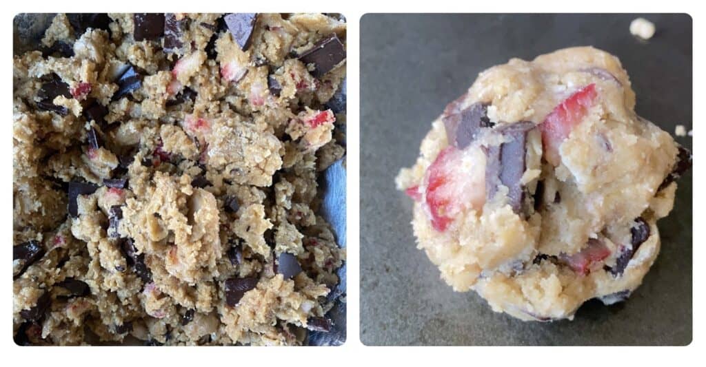 side by side photos. Left photo shows the cookie batter in a silver mixing bowl. The right photo shows a ball of cookie dough on the baking sheet.