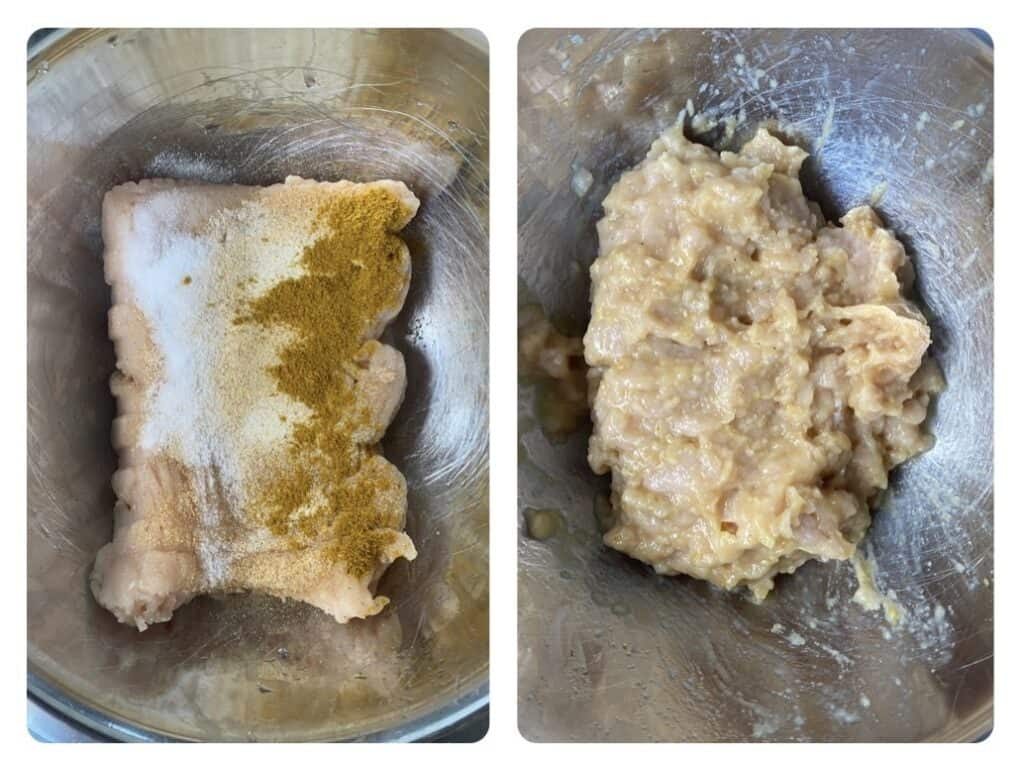 side by side photos. Left shows the ground chicken topped with the spices. Right photo shows the ground chicken mixed together.
