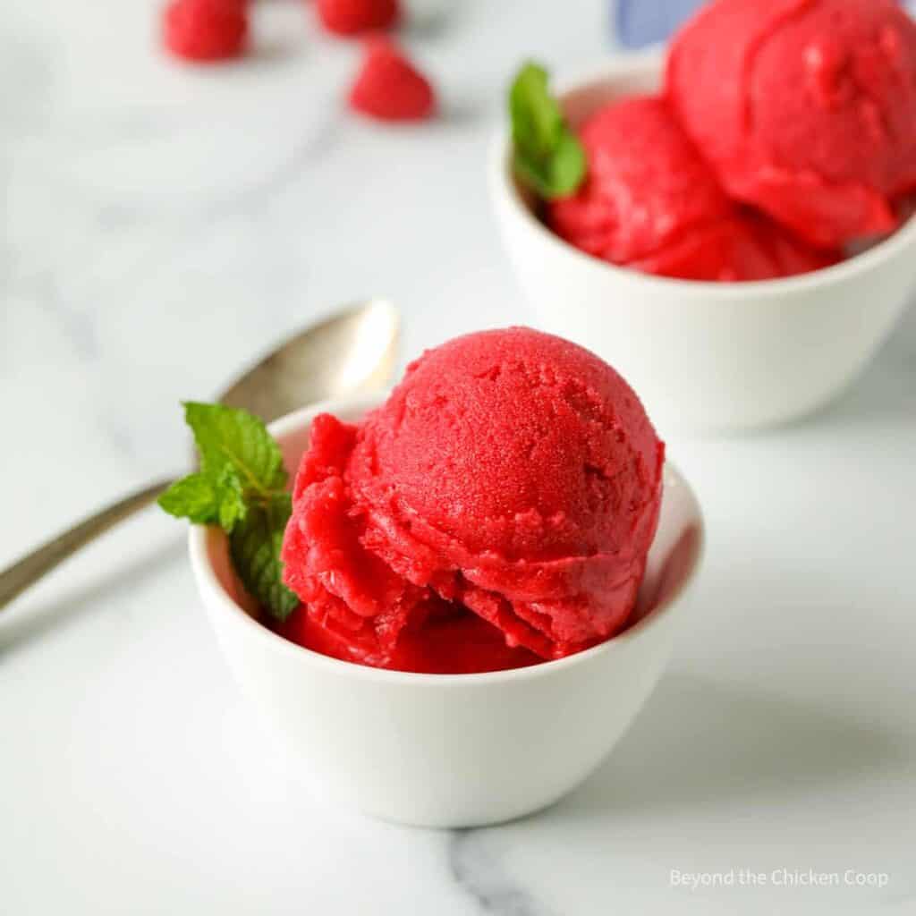 a white bowl of raspberry sorbet with a gold spoon, another bowl of sorbet in the back.