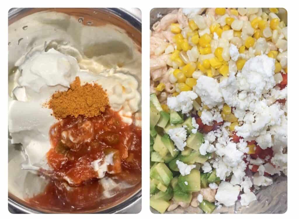 side by side of two phots. Left shows the sauce ingredients in a silver bowl. Right photo shows the corn, avocado, and queso freso on top of the pasta salad.