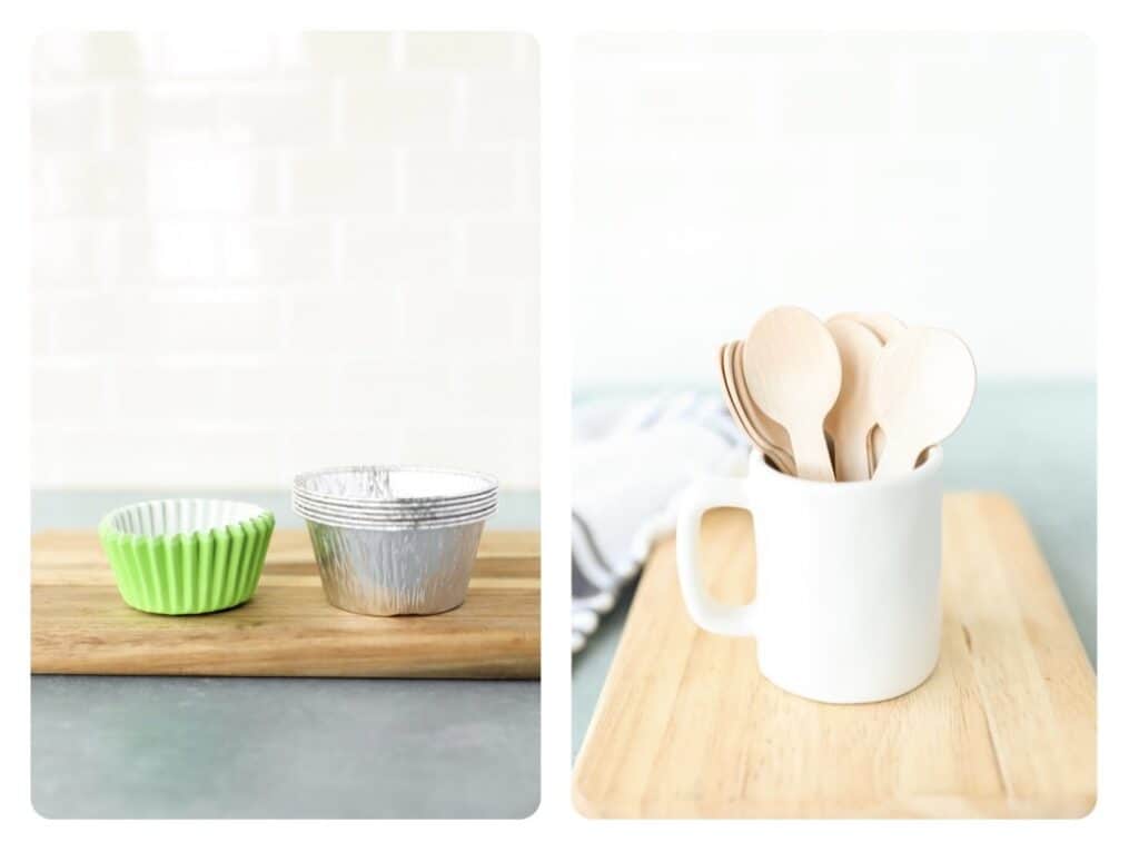 two side by side phots. Left shows the two types of muffins liners on a wood cutting board. Right photo shots the mini wooden spoons in a small white mug.