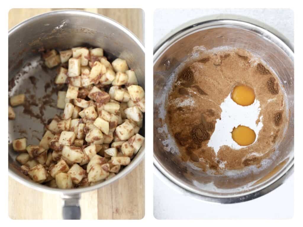 side by side photos. Left shows the cooked diced apples in a pot. Right photo shows the unmixed custard ingredients in a stainless steel bowl.