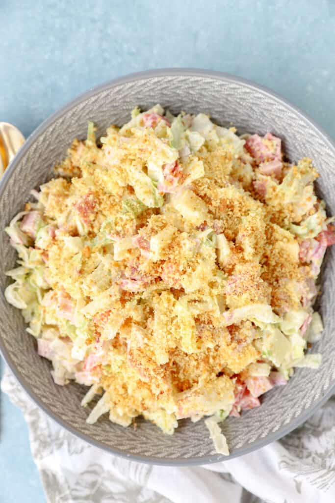 overhead photo of the grinder salad topped with toasted Panko.