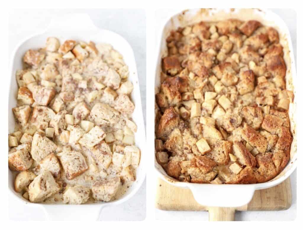 side by side photos. Left photo shows the unbaked bread pudding in a casserole dish. The right photo shows the baked bread pudding in a white casserole dish.