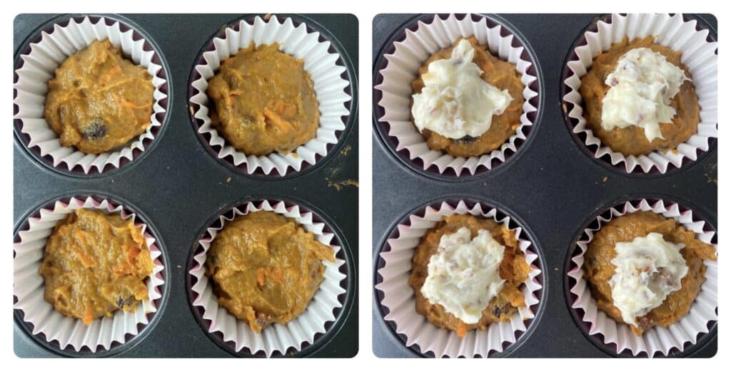 side by side photos making the muffins. Left shows the partially filled muffin liners. The right photo shows the batter now topped with the cream cheese filling.