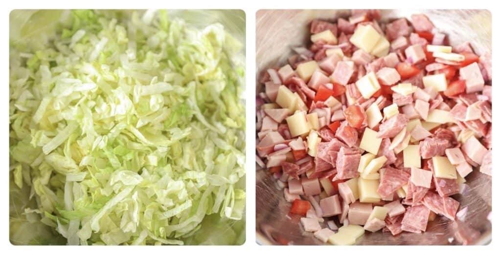 collage of two photos. Left photo is the chopped lettuce in a bowl. Right photo shows the meets and cheeses diced in a bowl.