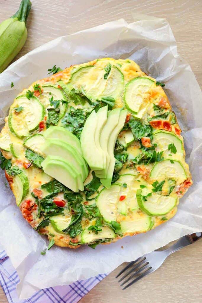 egg bake topped with avocado slices on parchment paper.