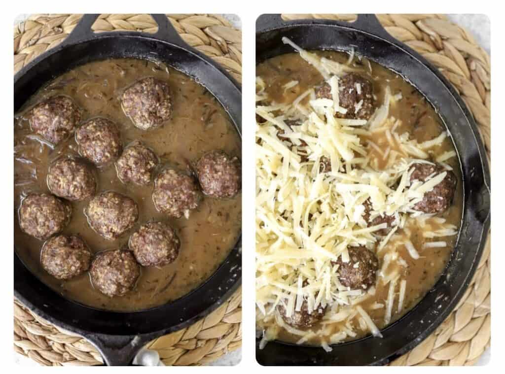 side by side photos. Left shows the baked meatballs now in the broth in the skillet. Right photo shows the Gruyere cheese on top. 
