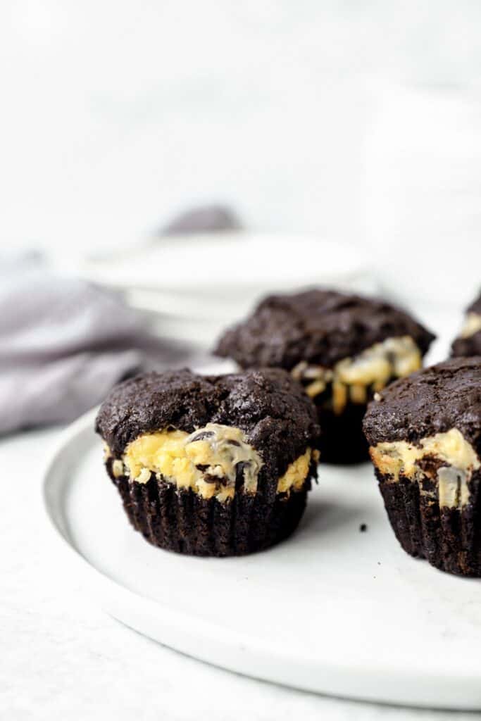 chocolate orange muffins on a round white plate