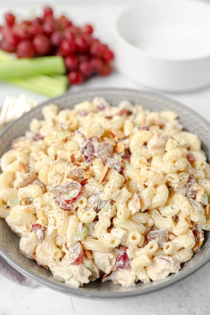 chicken salad pasta salad in a grey round bowl.