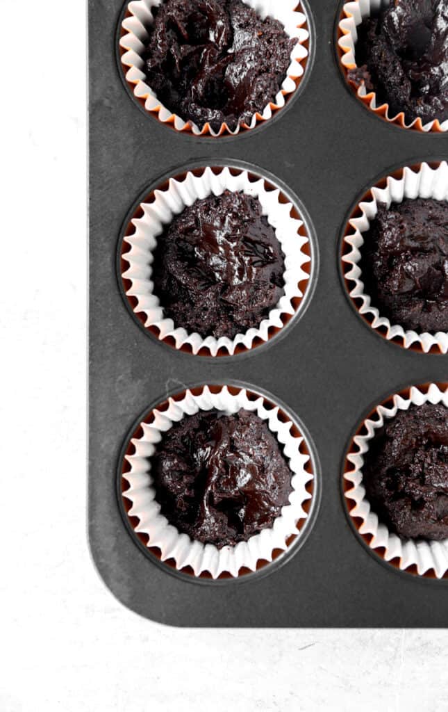 overhead photo of the chocolate muffin batter in the muffin pan.