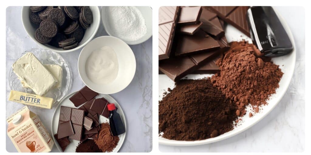 side by side photos. Left photo is an overhead photo of all the ingredients. Right photo is a close image of the espresso powder, cocoa, dark chocolate, and espresso powder on a round white plate. 