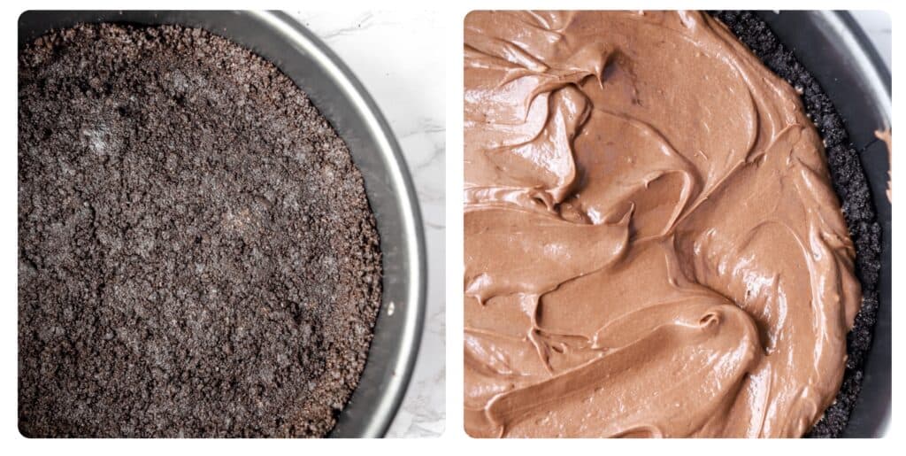 side by side photos. Left photo shows the Oreo cookie crust. Righ