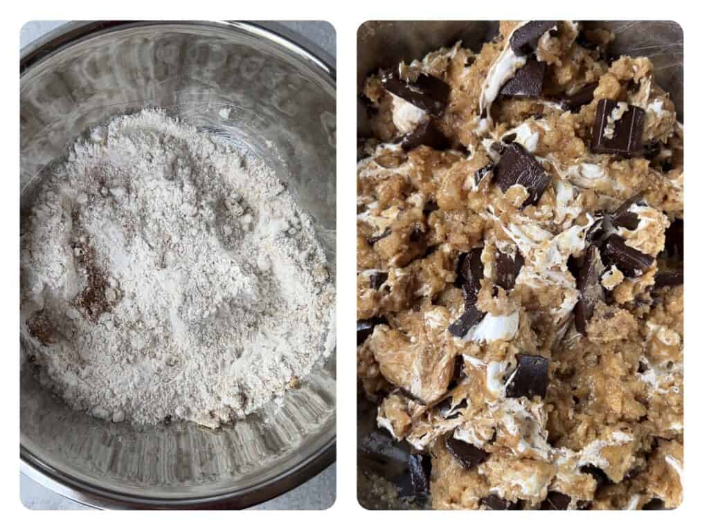 two photos side by side. Left photo is the dry ingredients in a bowl. Right photo is the mixed cookie dough in the bowl.