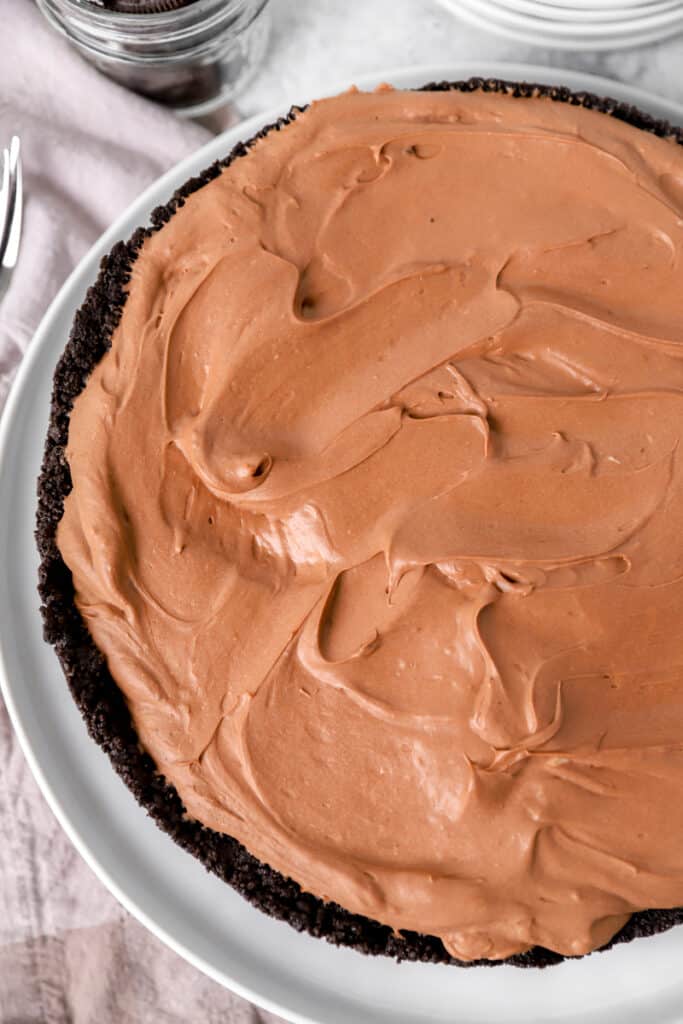 overhead photo of the unchilled no bake chocolate cheesecake