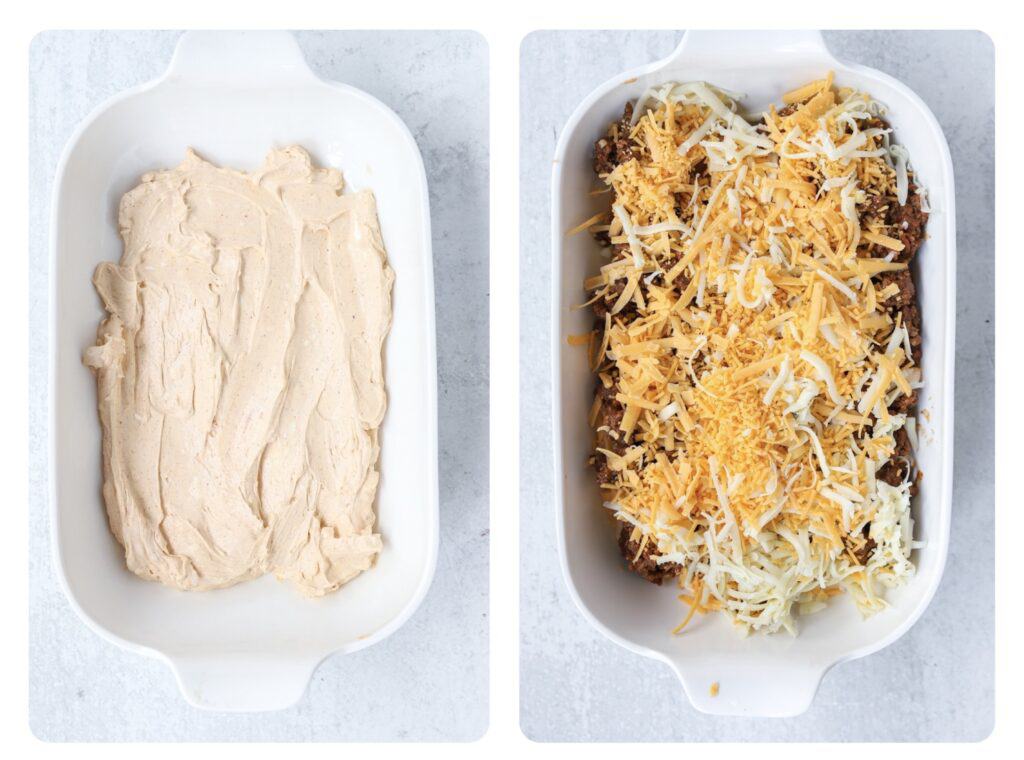 two photos side by side. Left shows the seasoned cream cheese in the bottom of the casserole dish. Right photo shows it now topped with the cooked ground beef and the cheeses.