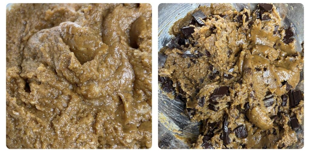 two photos side by side. Left photo is the mixed wet batter. Right photo shows the dough now with the chocolate chunks.