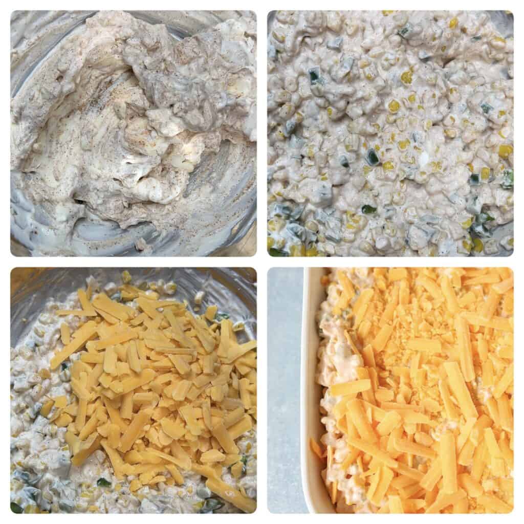 collage of 4 photos making the dip.
Upper left shows the blended seasoned cream cheese.
Upper right shows the corn and jalapeños added.
Lower left shows the Cheddar cheese on top.
Lower right shows the unbaked dip in the dish.