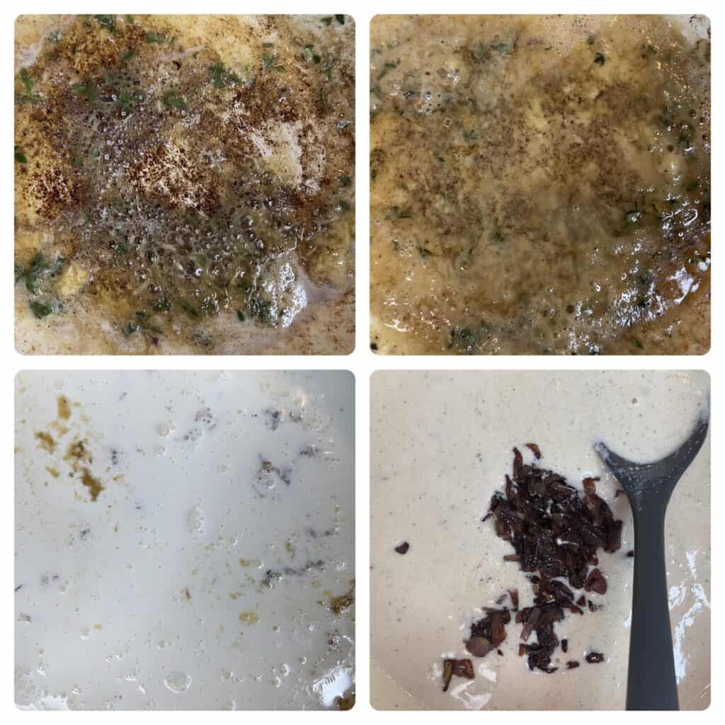 collage of 4 photos making the sauce. Upper left the melted butter with thyme and garlic. Upper right photo shows the wine poured in. Lower left photo shows the sauce with the cream poured in. Lower right photo shows the onions on top of the sauce and a spoon starting to mix.