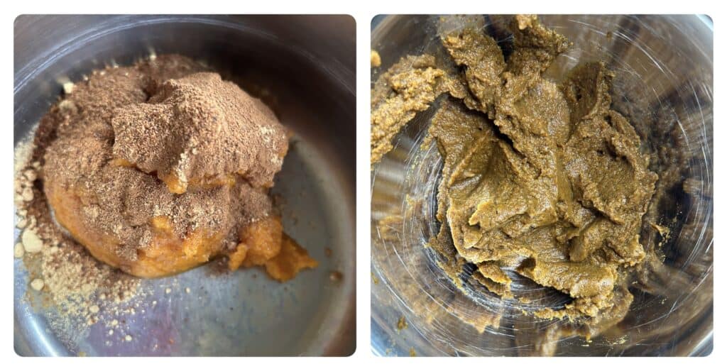 two photos side by side. Left photo is the pumpkin in a pot topped with spices. Right photo is the cooked spiced pumpkin in a silver bowl